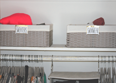 clothes organization with baskets and matching hangers