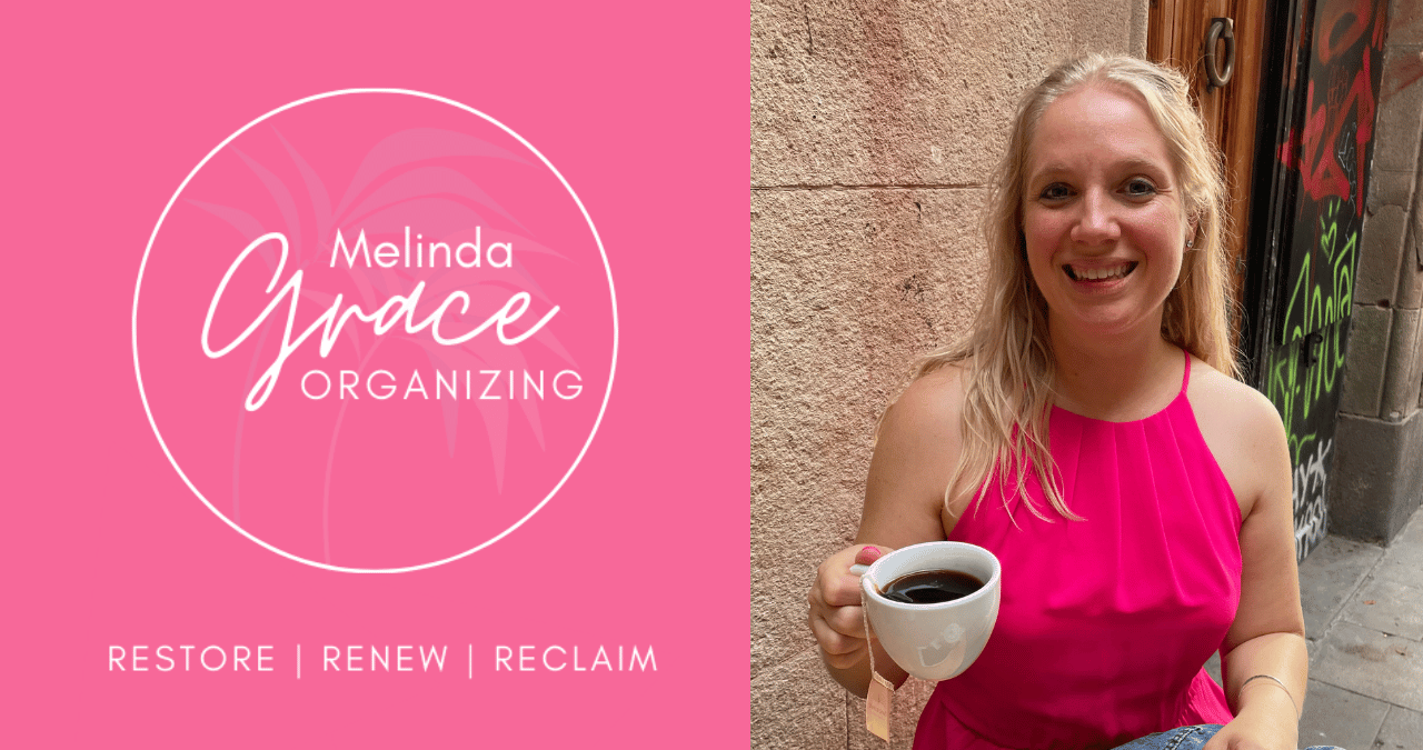Melinda Grace Organizing Logo and Melinda Grace Drinking Tea