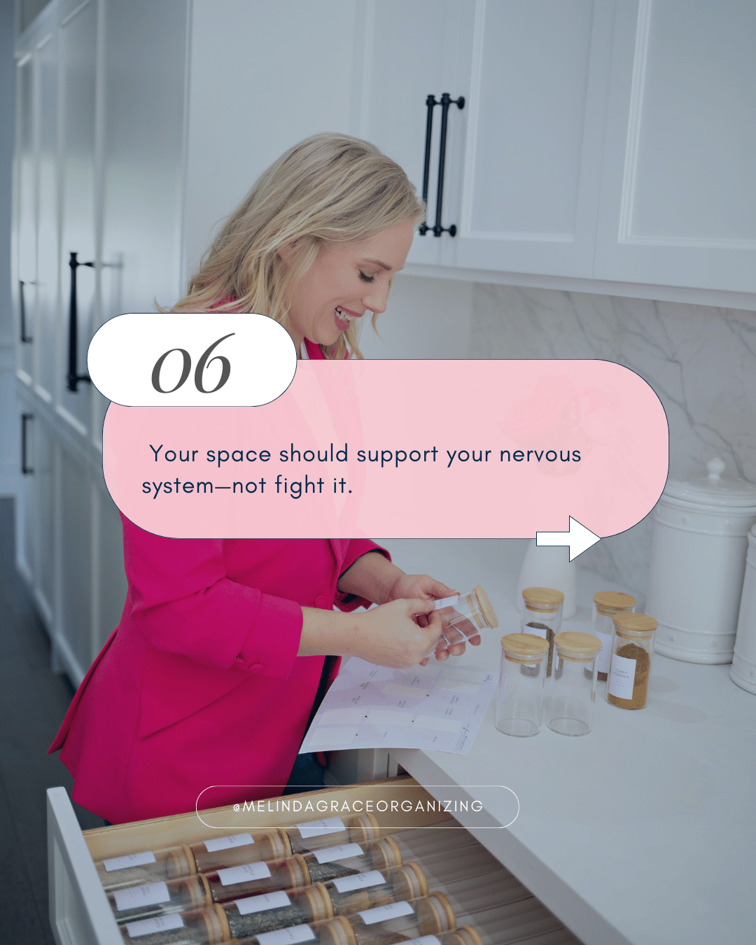 woman organizing a spice drawer