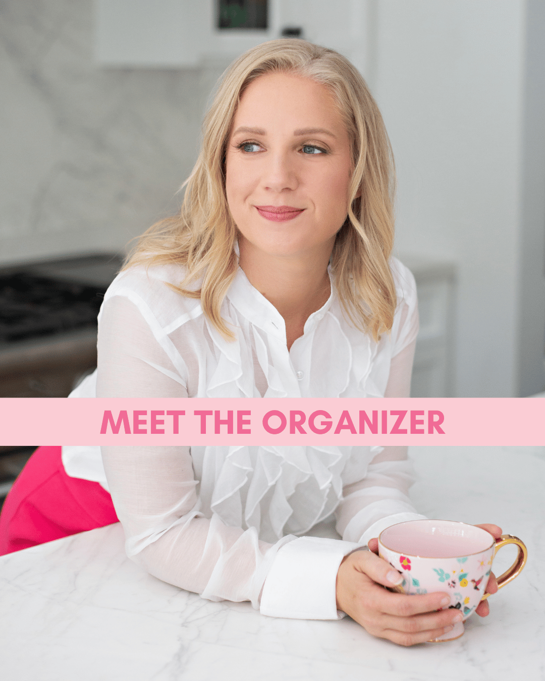 Melinda Grace holding a cup of tea, text: Meet the Organizer