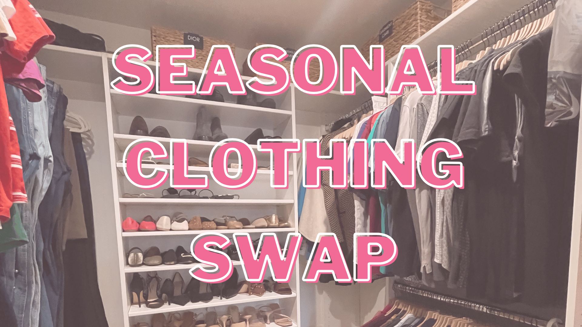 Organized closet with clothes on matching wooden hangers and woven hyacinth baskets on the top shelf after a seasonal closet swap